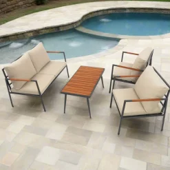 Teamson Cushioned Backrest & Wood Armrests Conversation Set Outdoor Patio Furniture
