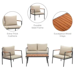 Teamson Cushioned Backrest & Wood Armrests Conversation Set Outdoor Patio Furniture