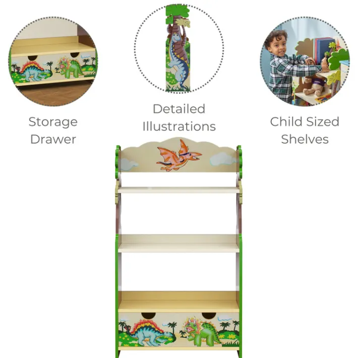 Kids Teamson Fantasy Fields Dinosaur Kingdom Bookshelf with Storage Drawer, Multi