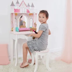 Kids Teamson Fantasy Fields Dreamland Castle Kids Vanity Table & Stool, White & Pink