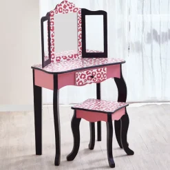 Kids Teamson Fantasy Fields Gisele Leopard Print Kids Vanity Table & Stool, Black & Pink