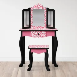 Kids Teamson Fantasy Fields Gisele Leopard Print Kids Vanity Table & Stool, Black & Pink