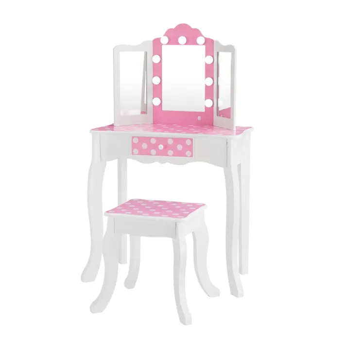 Kids Teamson Fantasy Fields Gisele Polka Dot Kids Vanity Table & Stool with LED, White & Pink