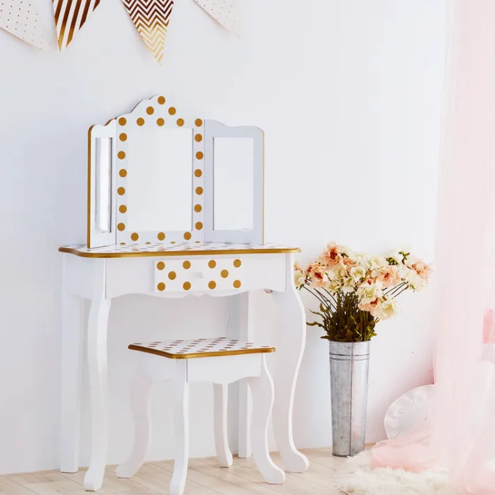 Kids Teamson Fantasy Fields Gisele Polka Dot Kids Vanity Table & Stool, White & Gold