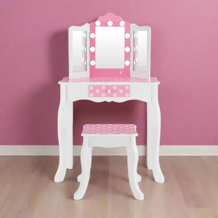 Kids Teamson Fantasy Fields Gisele Polka Dot Kids Vanity Table & Stool with LED, White & Pink