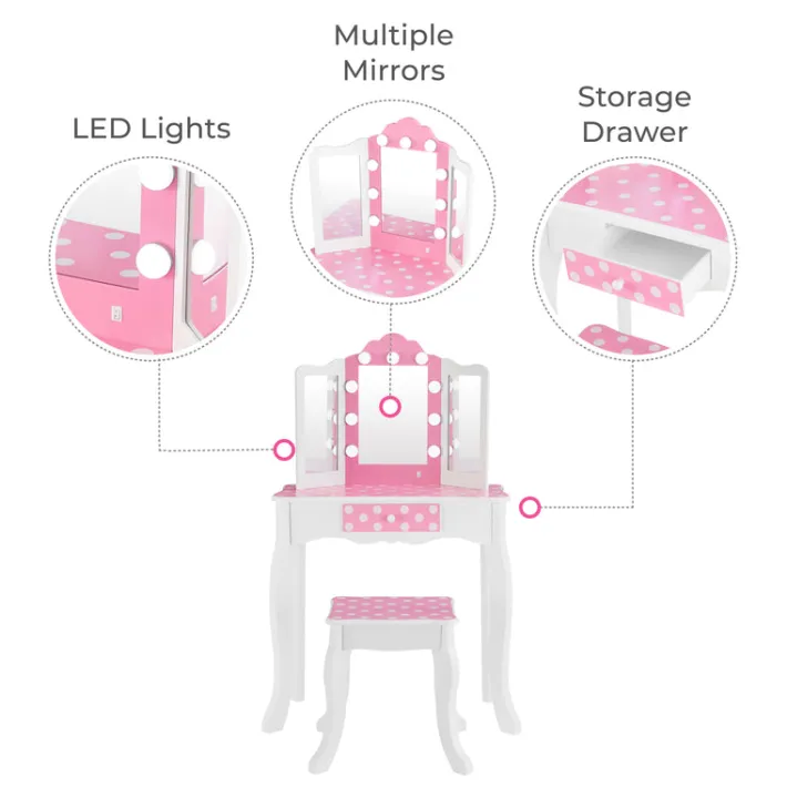 Kids Teamson Fantasy Fields Gisele Polka Dot Kids Vanity Table & Stool with LED, White & Pink