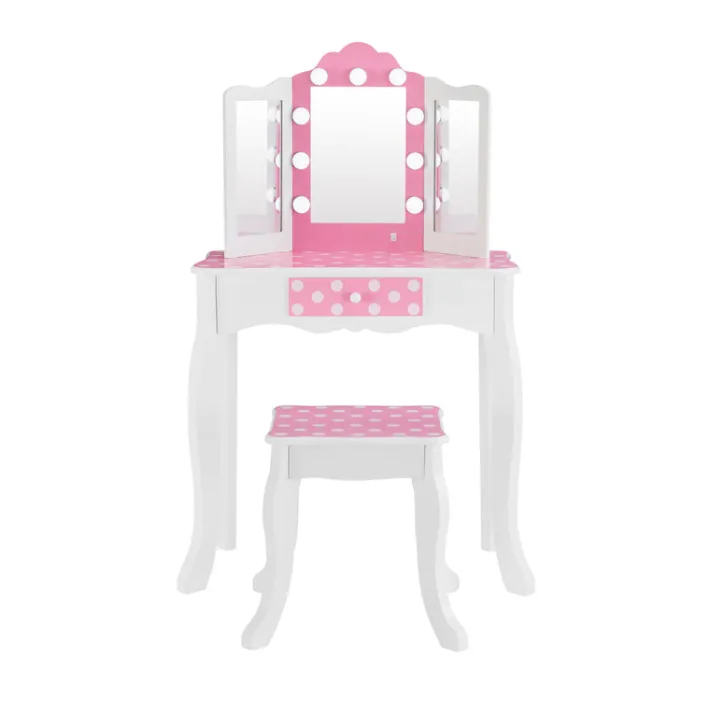 Kids Teamson Fantasy Fields Gisele Polka Dot Kids Vanity Table & Stool with LED, White & Pink