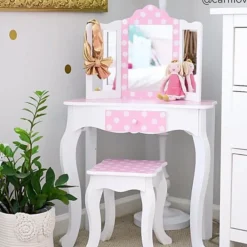 Kids Teamson Fantasy Fields Gisele Polka Dot Kids Vanity Table & Stool, White & Pink