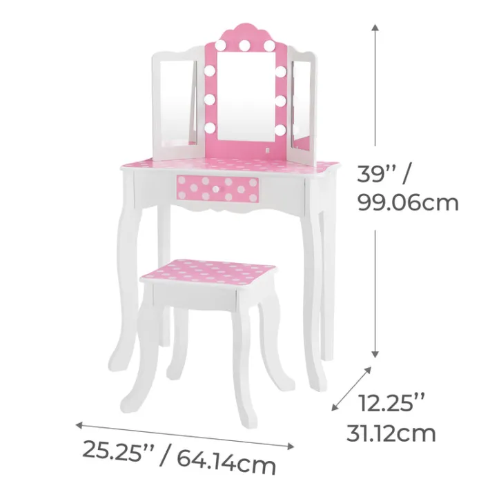Kids Teamson Fantasy Fields Gisele Polka Dot Kids Vanity Table & Stool with LED, White & Pink