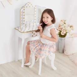Kids Teamson Fantasy Fields Gisele Polka Dot Kids Vanity Table & Stool, White & Gold
