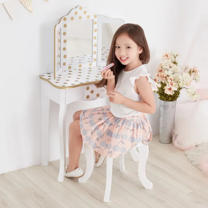 Kids Teamson Fantasy Fields Gisele Polka Dot Kids Vanity Table & Stool, White & Gold