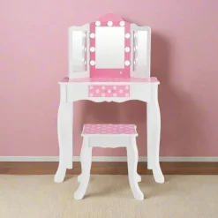 Kids Teamson Fantasy Fields Gisele Polka Dot Kids Vanity Table & Stool with LED, White & Pink