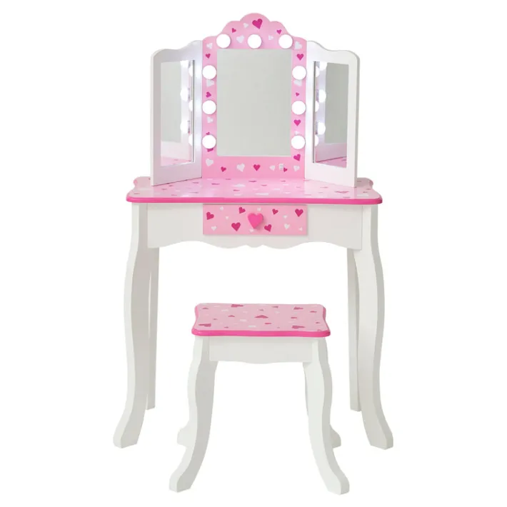 Kids Teamson Fantasy Fields Gisele Sweethearts Kids Vanity Table & Stool w/ LED, White & Pink