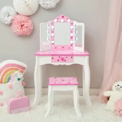 Kids Teamson Fantasy Fields Gisele Sweethearts Kids Vanity Table & Stool w/ LED, White & Pink