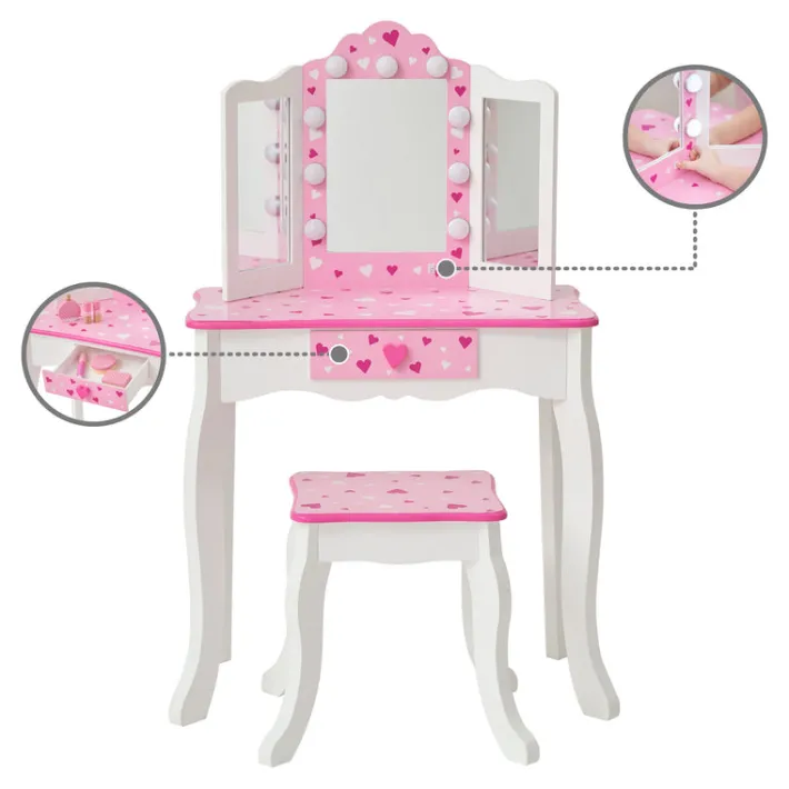 Kids Teamson Fantasy Fields Gisele Sweethearts Kids Vanity Table & Stool w/ LED, White & Pink