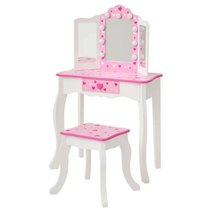 Kids Teamson Fantasy Fields Gisele Sweethearts Kids Vanity Table & Stool w/ LED, White & Pink