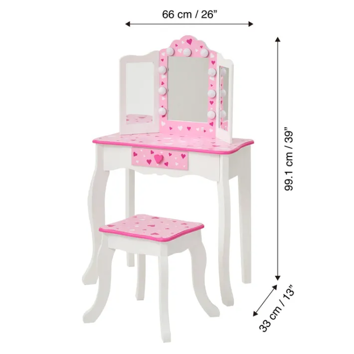 Kids Teamson Fantasy Fields Gisele Sweethearts Kids Vanity Table & Stool w/ LED, White & Pink
