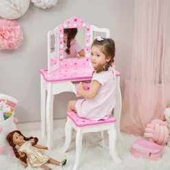 Kids Teamson Fantasy Fields Gisele Sweethearts Kids Vanity Table & Stool w/ LED, White & Pink