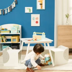 Kids Teamson Fantasy Fields Kids Biscay Bricks Square Table and Two Chair Cubes with Underneath Storage, Gray/White- FINAL SALE