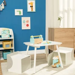 Kids Teamson Fantasy Fields Kids Biscay Bricks Square Table and Two Chair Cubes with Underneath Storage, Gray/White- FINAL SALE