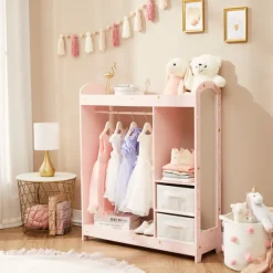 Kids Teamson Fantasy Fields Kids Freestanding Jasmine Star Print Clothing Rack with Shelves and Storage Bins, Pink