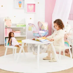 Kids Teamson Fantasy Fields Kids Round Play Table with Center Mesh Storage and Two Rainbow Chairs, White- FINAL SALE