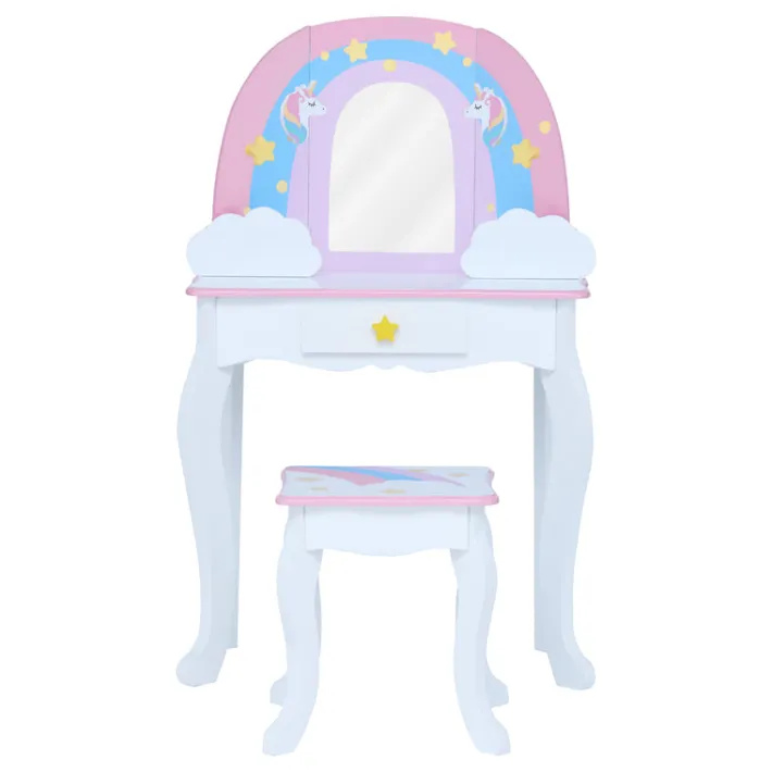 Kids Teamson Fantasy Fields Little Dreamer Rainbow Unicorn Vanity Table Set with Mirror and Stool, White