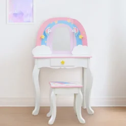Kids Teamson Fantasy Fields Little Dreamer Rainbow Unicorn Vanity Table Set with Mirror and Stool, White