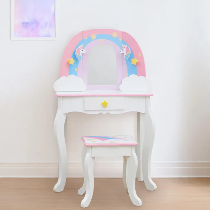 Kids Teamson Fantasy Fields Little Dreamer Rainbow Unicorn Vanity Table Set with Mirror and Stool, White