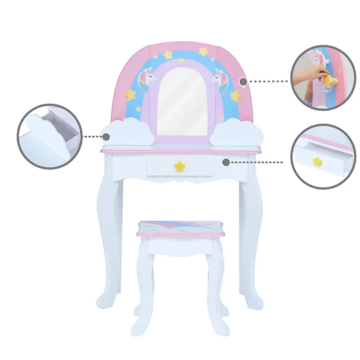 Kids Teamson Fantasy Fields Little Dreamer Rainbow Unicorn Vanity Table Set with Mirror and Stool, White