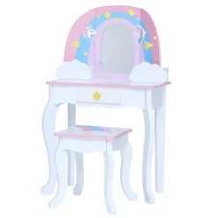 Kids Teamson Fantasy Fields Little Dreamer Rainbow Unicorn Vanity Table Set with Mirror and Stool, White