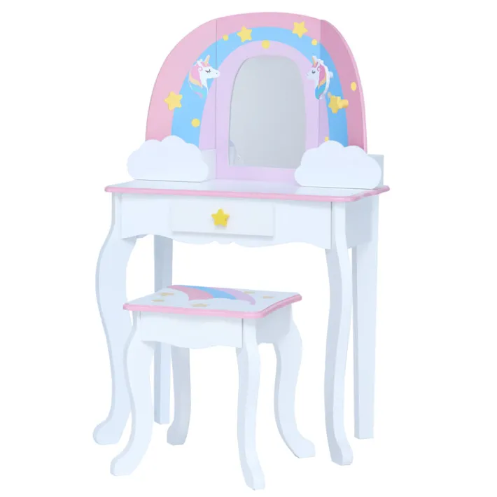 Kids Teamson Fantasy Fields Little Dreamer Rainbow Unicorn Vanity Table Set with Mirror and Stool, White