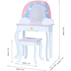 Kids Teamson Fantasy Fields Little Dreamer Rainbow Unicorn Vanity Table Set with Mirror and Stool, White