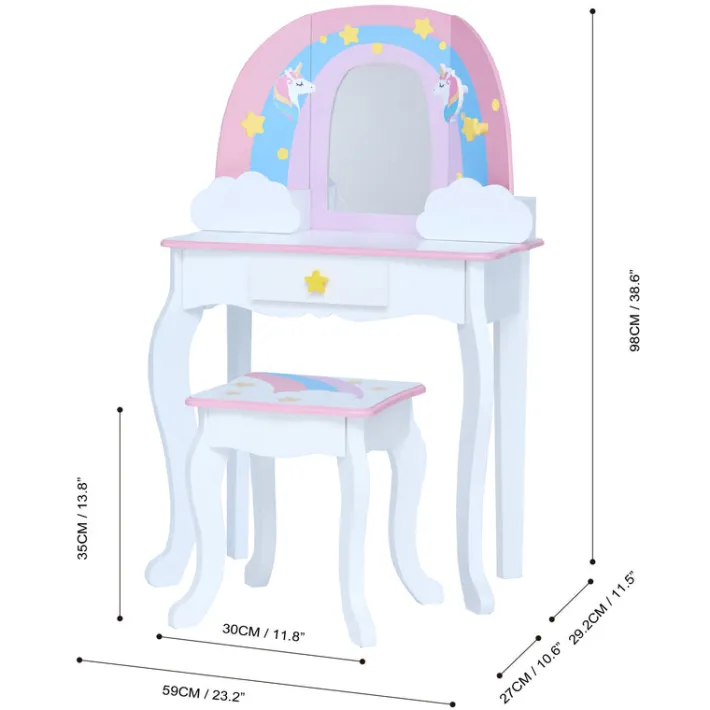 Kids Teamson Fantasy Fields Little Dreamer Rainbow Unicorn Vanity Table Set with Mirror and Stool, White