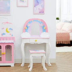 Kids Teamson Fantasy Fields Little Dreamer Rainbow Unicorn Vanity Table Set with Mirror and Stool, White