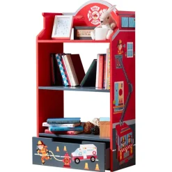 Kids Teamson Fantasy Fields Little Fire Fighters Bookshelf with Drawer, Red- FINAL SALE