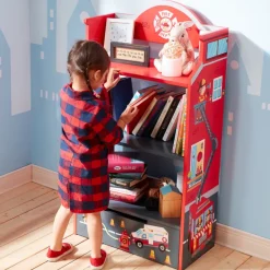 Kids Teamson Fantasy Fields Little Fire Fighters Bookshelf with Drawer, Red- FINAL SALE