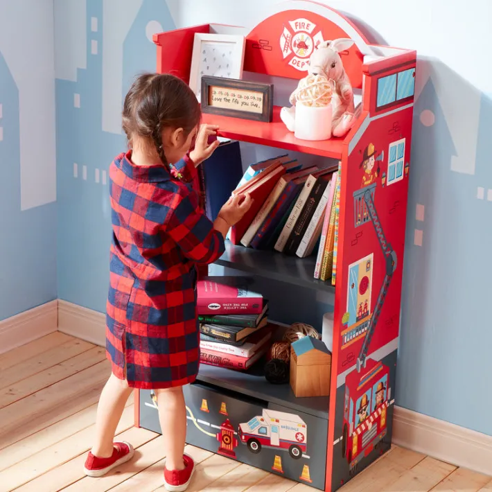 Kids Teamson Fantasy Fields Little Fire Fighters Bookshelf with Drawer, Red- FINAL SALE