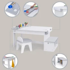 Kids Teamson Fantasy Fields Little Monet Art Table with Paper Roll, Stool, Bench and More, White/Gray- FINAL SALE