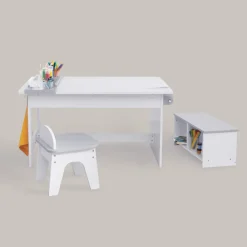 Kids Teamson Fantasy Fields Little Monet Art Table with Paper Roll, Stool, Bench and More, White/Gray- FINAL SALE