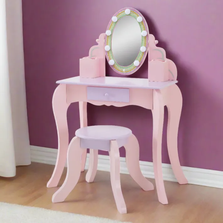 Kids Teamson Fantasy Fields Little Princess Rapunzel Vanity with LED Mirror, Pink