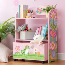 Kids Teamson Fantasy Fields Magic Garden Kids Wooden Toy Organizer with Rolling Storage Box, Pink -FINAL SALE