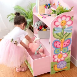 Kids Teamson Fantasy Fields Magic Garden Kids Wooden Toy Organizer with Rolling Storage Box, Pink -FINAL SALE