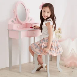 Kids Teamson Fantasy Fields Rapunzel Kids Vanity Table & Stool, Pink & Gray