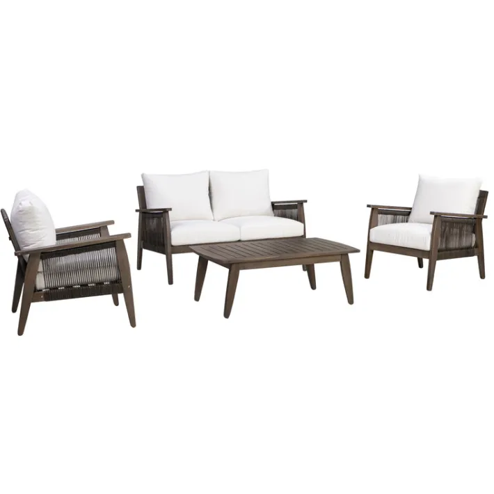 Teamson 4-Piece Outdoor Conversation Set with Cushions, Dark Brown Acacia Wood