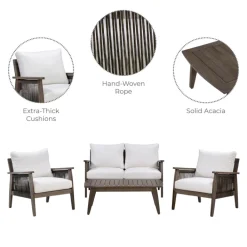Teamson 4-Piece Outdoor Conversation Set with Cushions, Dark Brown Acacia Wood