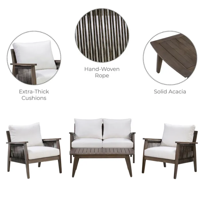 Teamson 4-Piece Outdoor Conversation Set with Cushions, Dark Brown Acacia Wood