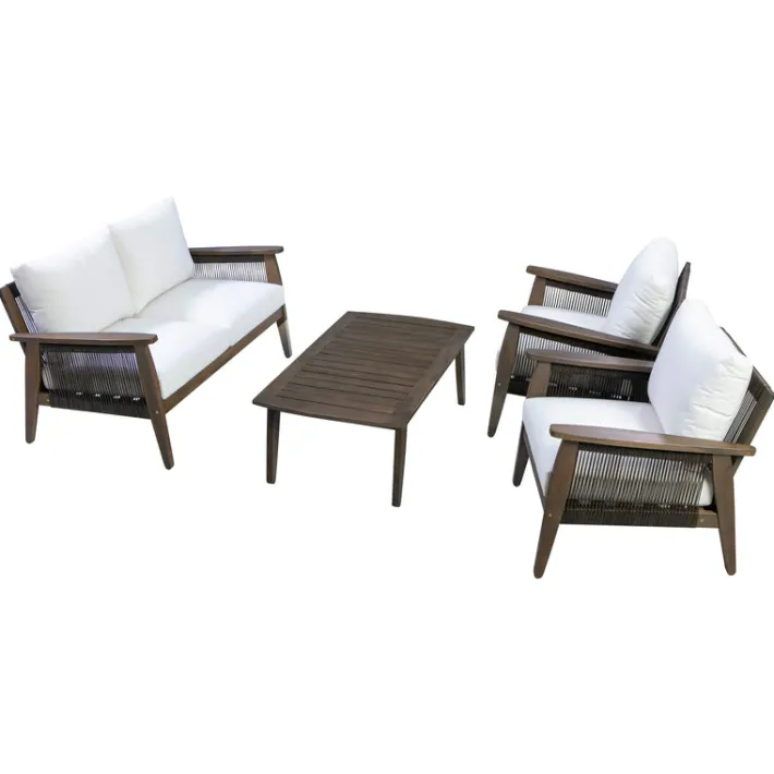 Teamson 4-Piece Outdoor Conversation Set with Cushions, Dark Brown Acacia Wood