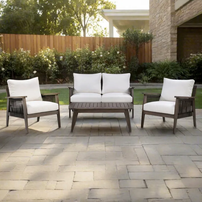 Teamson 4-Piece Outdoor Conversation Set with Cushions, Dark Brown Acacia Wood