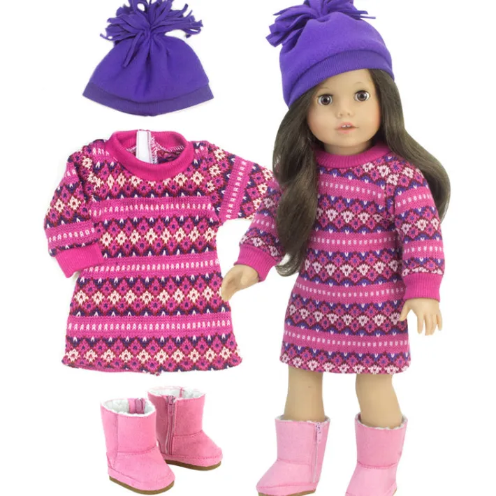 Kids Teamson Sophia's - 18" Doll - Pink Fair Isle Dress, Purple Hat